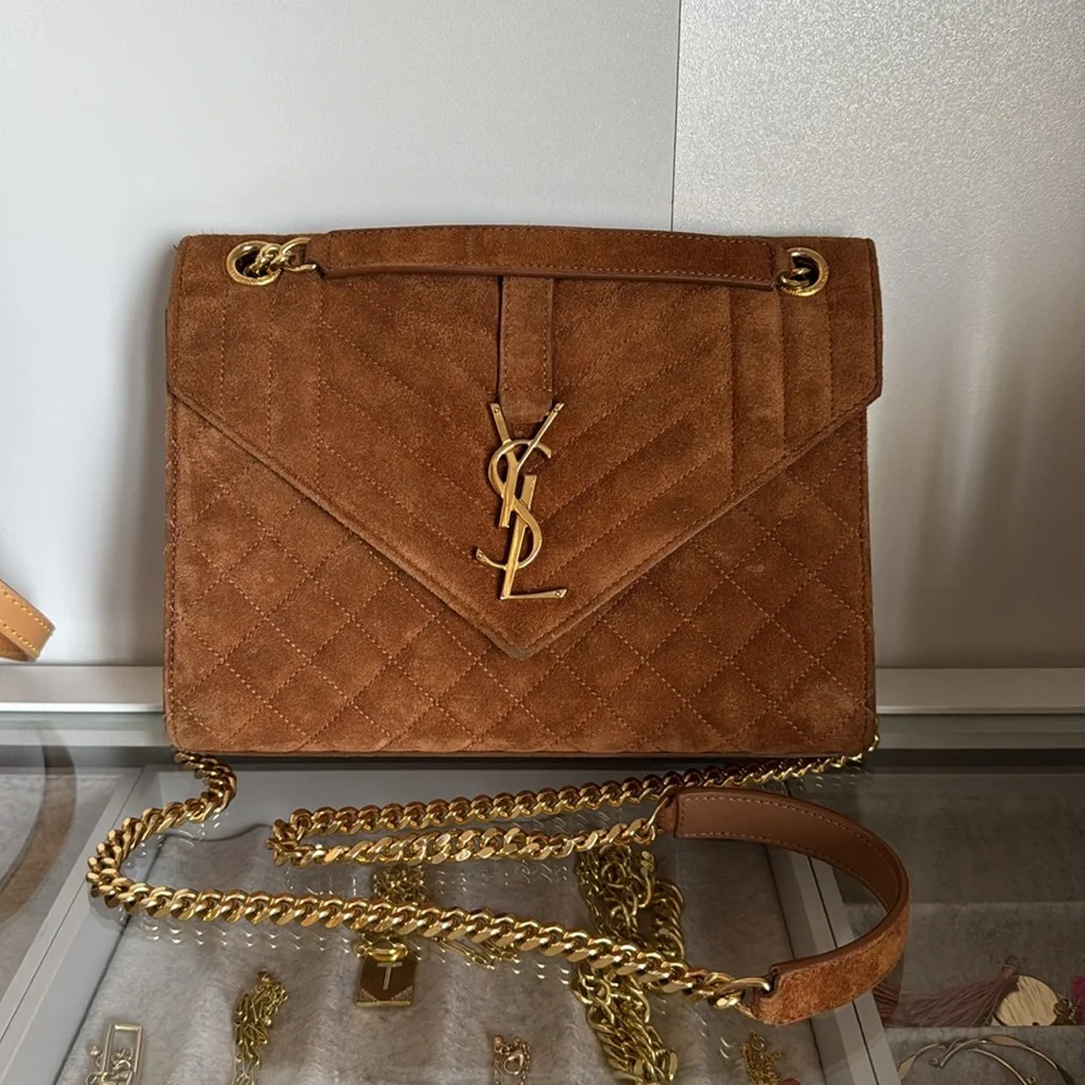 YSL Yves Saint Laurent Brown Suede Quilted Medium Envelope Handbag - Picture 10 of 16
